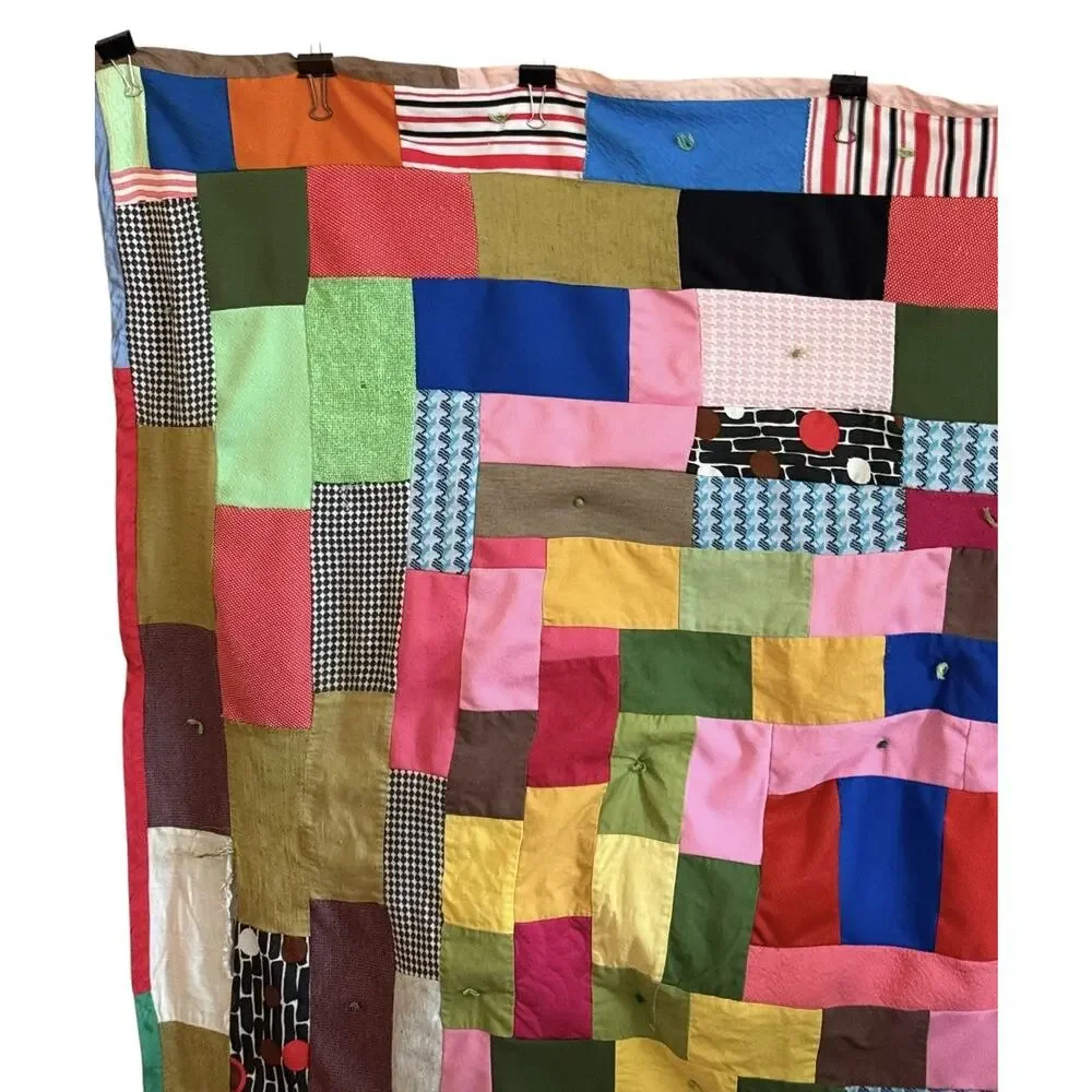 1970s Boho Patchwork Blanket Graphic Prints Quilt VTG Handmade Square 57” X 57”